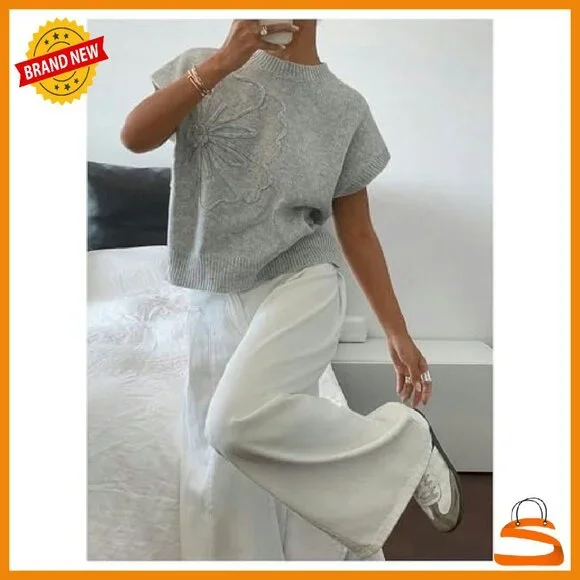 Short Sleeve 3D Floral Pullover Sweater Lightweight Knit Top - Picture 6 of 6